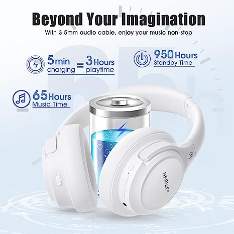 Bluetooth Headphones Over Ear,BERIBES 65H Playtime and 6 EQ Music Modes Wireless Headphones with Microphone,HiFi Stereo Foldable Lightweight Headset,Deep Bass for Home Office Cellphone PC Etc.(White)