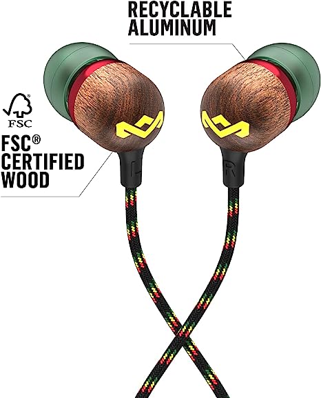 House of Marley Smile Jamaica Wired: Wired Earphones with Microphone, Noise Isolating Design, and Sustainable Materials (Rasta)