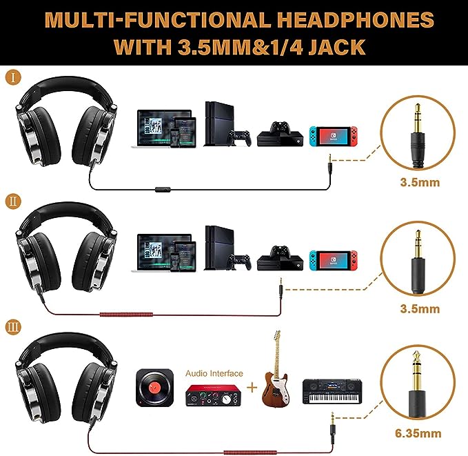 Wired Over Ear Headphones Studio Monitor & Mixing DJ Stereo Headsets with 50mm Neodymium Drivers and 1/4 to 3.5mm Jack for AMP Computer Recording Podcast Keyboard Guitar Laptop - Black