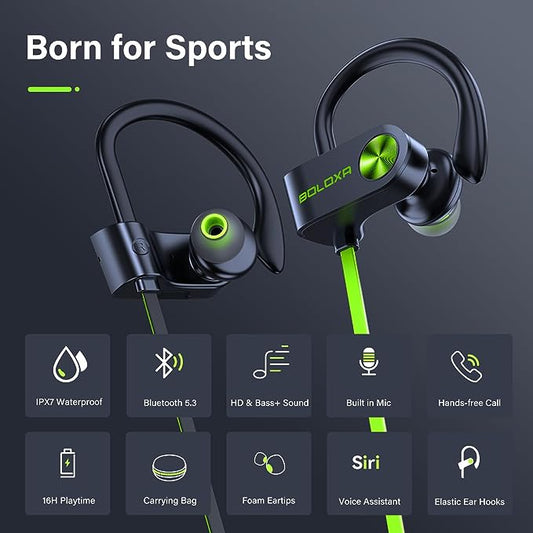 Bluetooth Headphones 5.3 Wireless Earbuds IPX7 Waterproof & 16Hrs Long Battery Over-Ear Stereo Bass Earphones with Earhooks Running Headset with Mic & Storage Bag for Workout Gym Sports Black