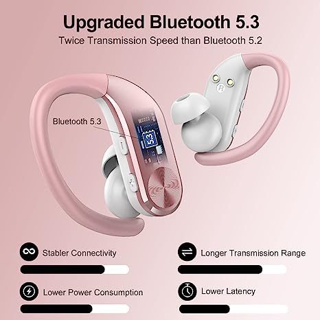 hadbleng Wireless Earbuds Bluetooth 5.3 Headphones 48Hrs Playtime Sports Earhooks Over Ear Earphones with LED Display, IPX7 Waterproof Built-in Mic Headset for Workout, Running, Gym