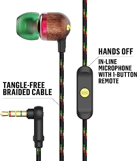 House of Marley Smile Jamaica Wired: Wired Earphones with Microphone, Noise Isolating Design, and Sustainable Materials (Rasta)