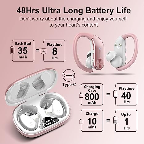 hadbleng Wireless Earbuds Bluetooth 5.3 Headphones 48Hrs Playtime Sports Earhooks Over Ear Earphones with LED Display, IPX7 Waterproof Built-in Mic Headset for Workout, Running, Gym