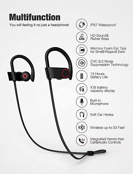 Bluetooth Headphones, Wireless Earbuds IPX7 Waterproof Sports Earphones 15H Playtime with Mic HD Stereo Sound Sweatproof in-Ear Earbuds Sound Isolation Headsets Gym Running Workout