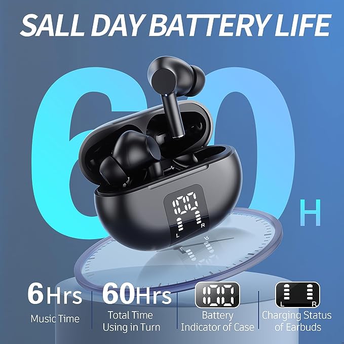 Wireless Ear Buds Bluetooth Earbuds, 60H Playtime LED Display Charging Case Bluetooth 5.3 Headphone with Mic, Noise Cancellation Stereo Sound, IPX5 Ear Buds for iPhone/Samsung/Android/iOS