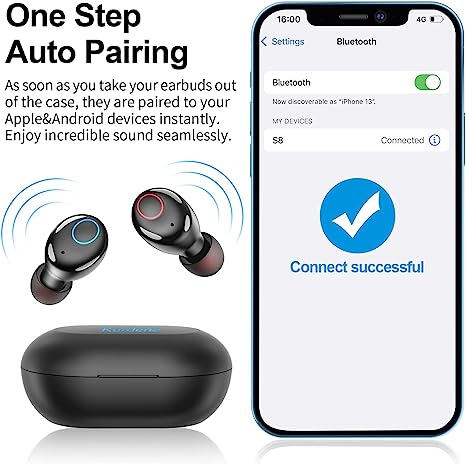 kurdene Bluetooth Wireless Earbuds, S8 Deep Bass Sound 38H Playtime IPX8 Waterproof Earphones Call Clear with Microphone in-Ear Bluetooth Headphones Comfortable for iPhone, Android