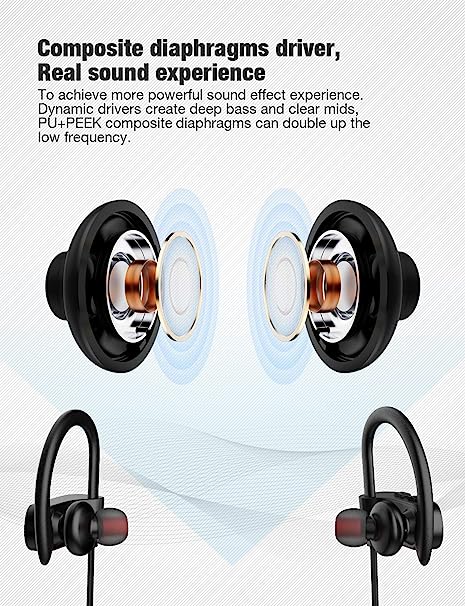 Bluetooth Headphones, Wireless Earbuds IPX7 Waterproof Sports Earphones 15H Playtime with Mic HD Stereo Sound Sweatproof in-Ear Earbuds Sound Isolation Headsets Gym Running Workout