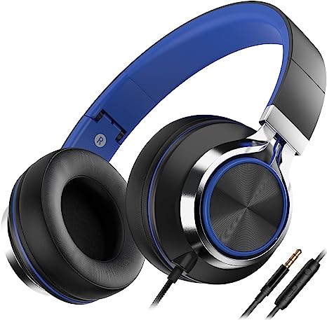 AILIHEN C8 Wired Headphones with Microphone and Volume Control Folding Lightweight Headset for Cellphones Tablets Chromebook Smartphones Laptop Computer PC Mp3/4 (Black/Blue)